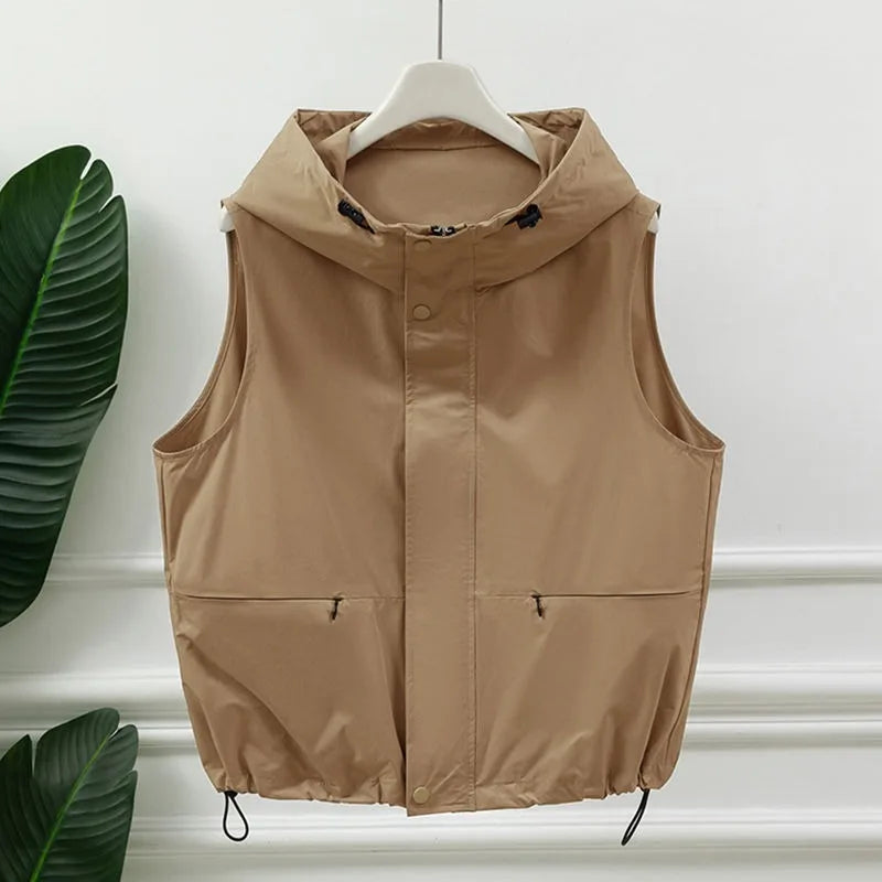 Gilet utilitaire sans manches à capuche gris clair pour femmes, fermeture éclair sur le devant, cordon de serrage, poche à la taille, Gilet superposé décontracté pour l'extérieur