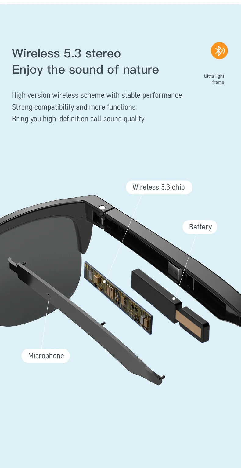 Lunettes de soleil intelligentes Bluetooth V5.3, casque d'appel pour Sports de plein air, technologie HIFI noire, Anti-touch UV pour hommes et femmes