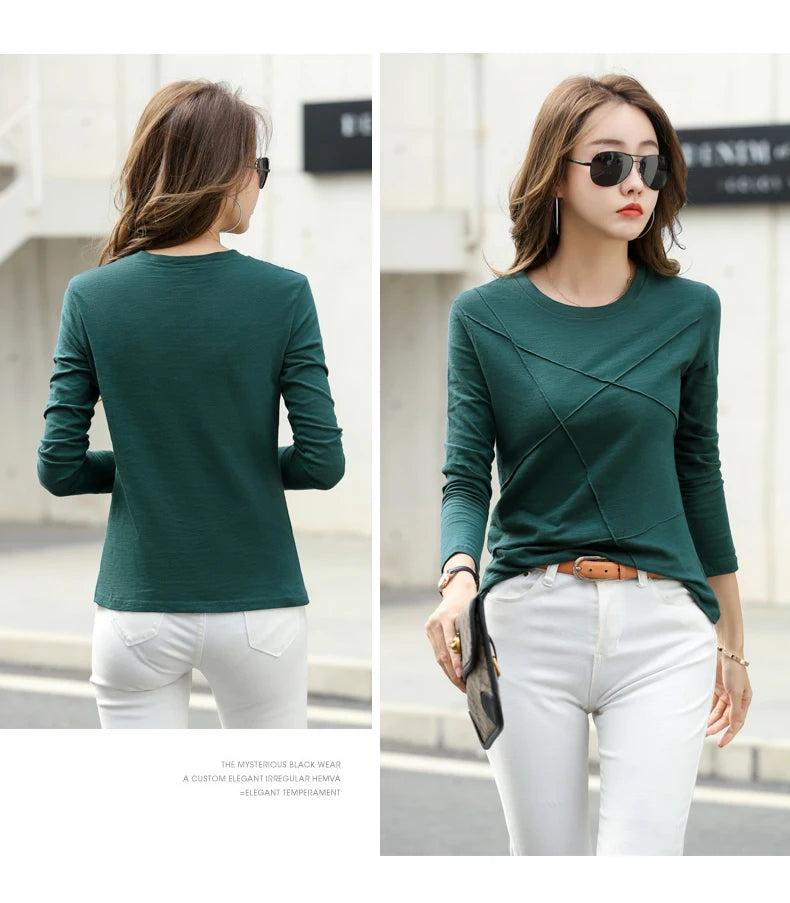 2026 printemps à manches longues femmes col rond bambou coton T-Shirt élégant ample côtelé mode T-Shirt dames Simple hauts