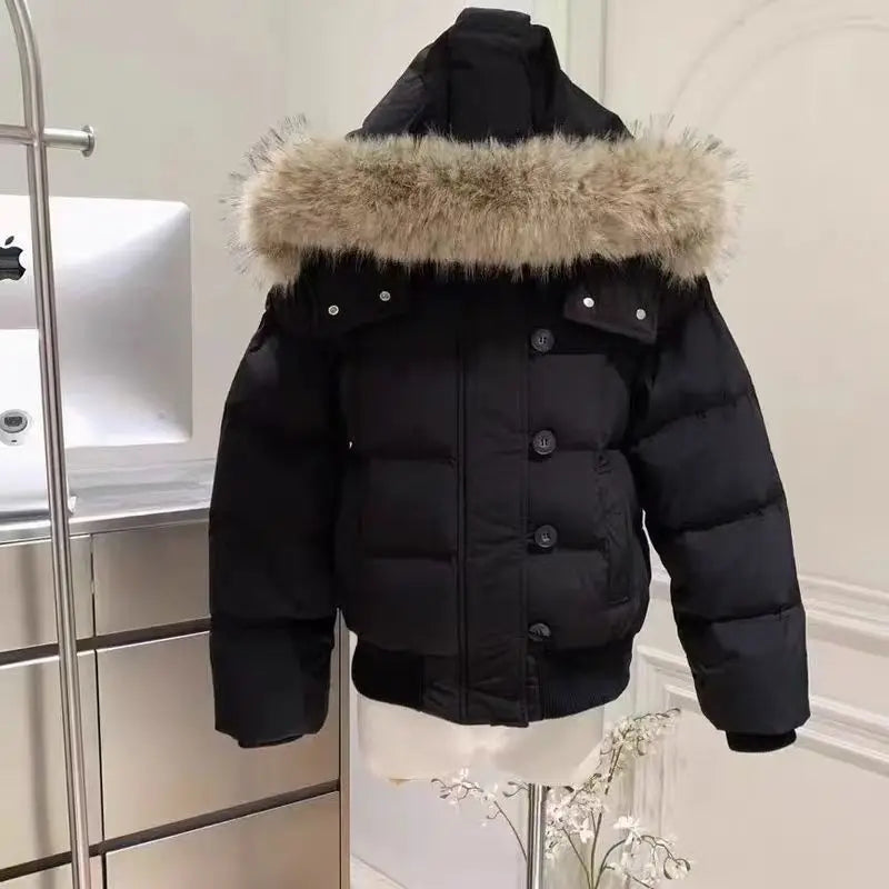 Abrigo de algodón con capucha de mujer de color sólido cálido con cuello de piel retro americano Ins invierno suelto casual delgado abrigo de algodón chaquetas