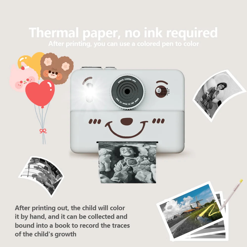 Instant Camera for Kids with 3 Rolls of Thermal Paper, Photo, Video, and Games, 1080p HD Screen, 1500mAh Lithium Battery, Gift for Boys and Girls
