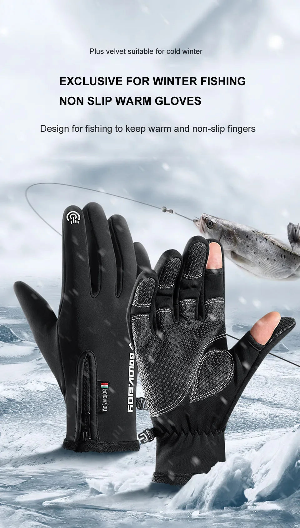 Gants de pêche imperméables d'hiver, 2 doigts, coupe-vent, pour femmes et hommes, Protection chaude en velours, gants de pêche au poisson