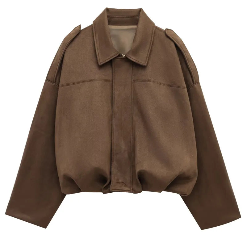 Veste bomber femme en daim — revers, fermeture éclair, manches longues, recadrée, 2025