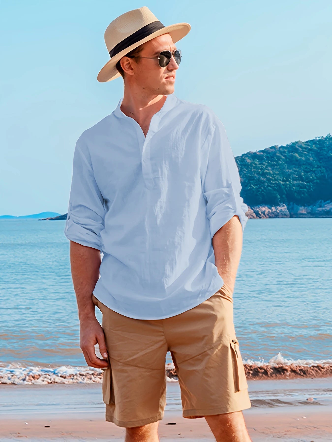 Men's Long Sleeve Linen Shirt, Casual Fashion, Stylish, Comfortable, Breathable, Men's Clothing