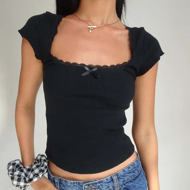 Y2K Vintage Baby T-Shirt Cottagecore Lace Trim Knitted T-Shirt Summer Square Neck Short Sleeve T-Shirt Women White Milkmaid Crop Top