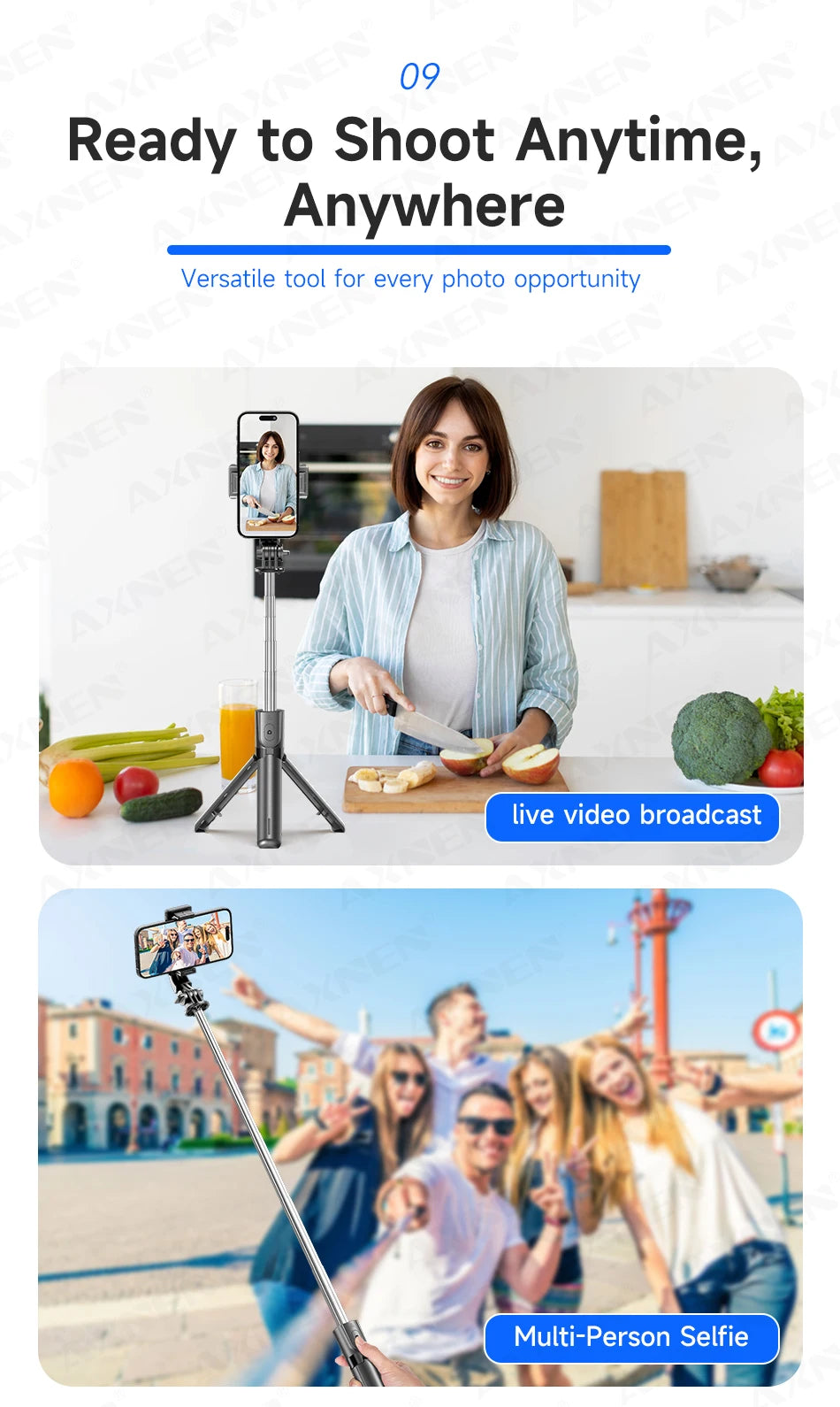 Trépied perche à selfie Bluetooth — support bureau, téléphone, obturateur télécommande sans fil, lumière de remplissage