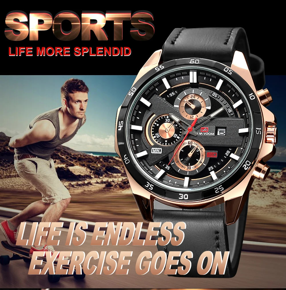 Montre à quartz en cuir pour homme, style sport, grand, décontracté, mode, original, noir, rose, or, calendrier, 46mm