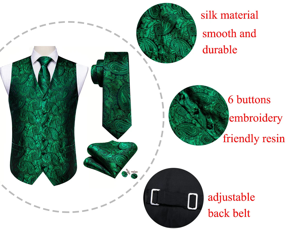 Gilet pour homme vert Paisley Floral slim — sans manches, formel, cravate, pochette assortie