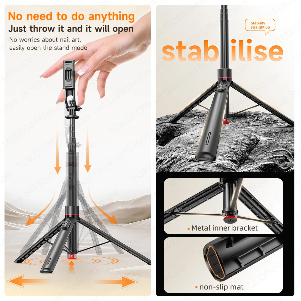 TOKQI TT03 — Perche à Selfie Extensible 1.76m Ouverture Auto Télécommande Magnétique