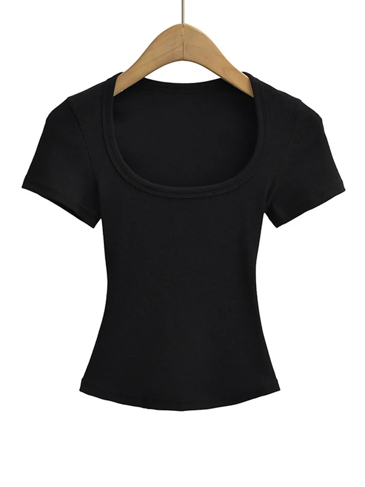 Haut Court Col Carré Femme — Coupe Cintrée, Extensible, Manches Courtes, Sexy Été