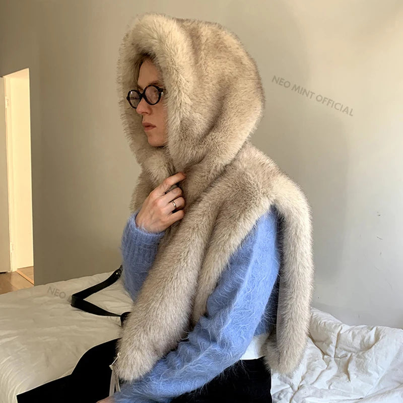 Gilet en fausse fourrure de renard pour femme — dégradé, capuche, sans manches, automne hiver