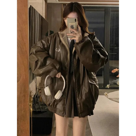 Maillard mode veste en cuir PU avec manteau en laine d'agneau des deux côtés femme Y2K hiver nouvelle Locomotive en velours veste rembourrée en coton