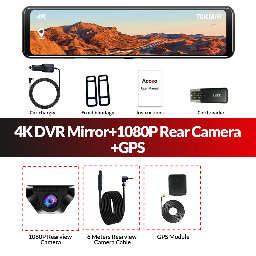 E-ACE A45P 4K WIFI GPS Coche DVR 12 Pulgadas Táctil IPS Pantalla Parque Retrovisor Opcional Cámara Trasera Dashcam Grabador de Vídeo