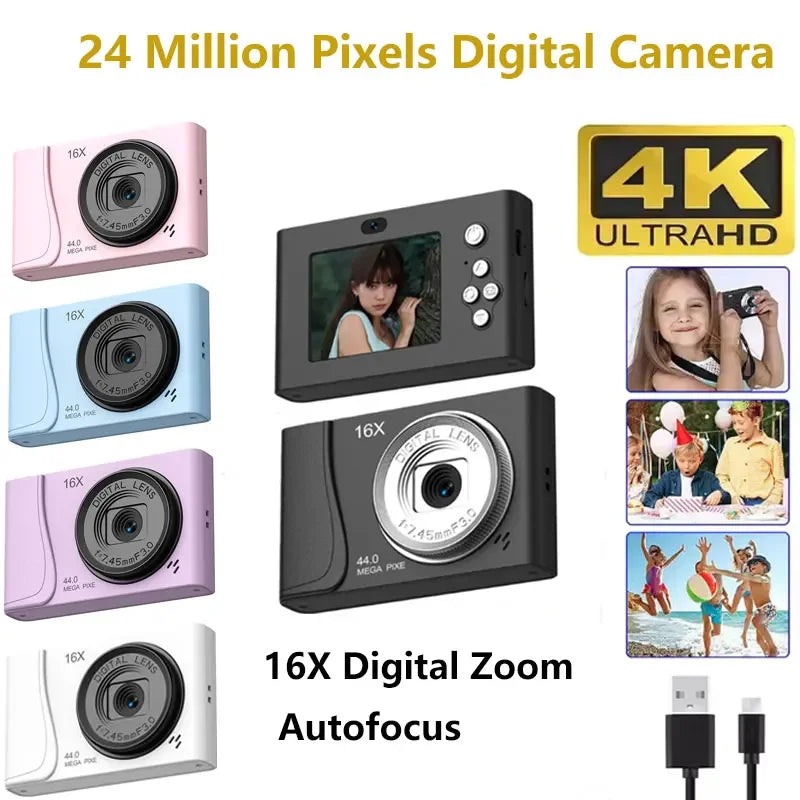 Videocámara retro CCD de 24 millones de píxeles, cámara digital 4K, zoom 16x, cámaras compactas, enfoque automático para principiantes adultos, fotografía para niños