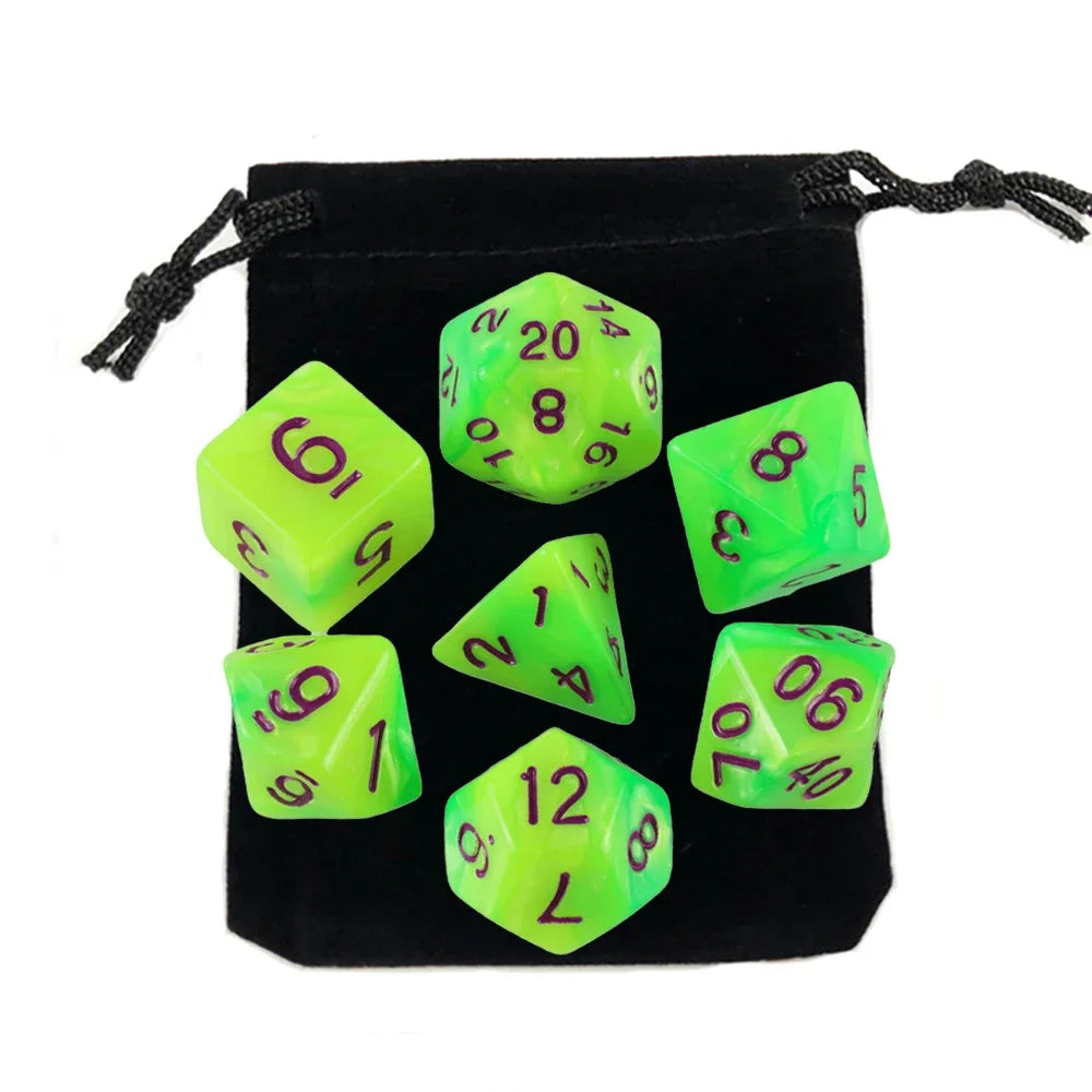 Dés polyédriques avec sac — jeu de société, jeu de rôle, d4, d6, d8, d10, d12, d20, 7 pièces