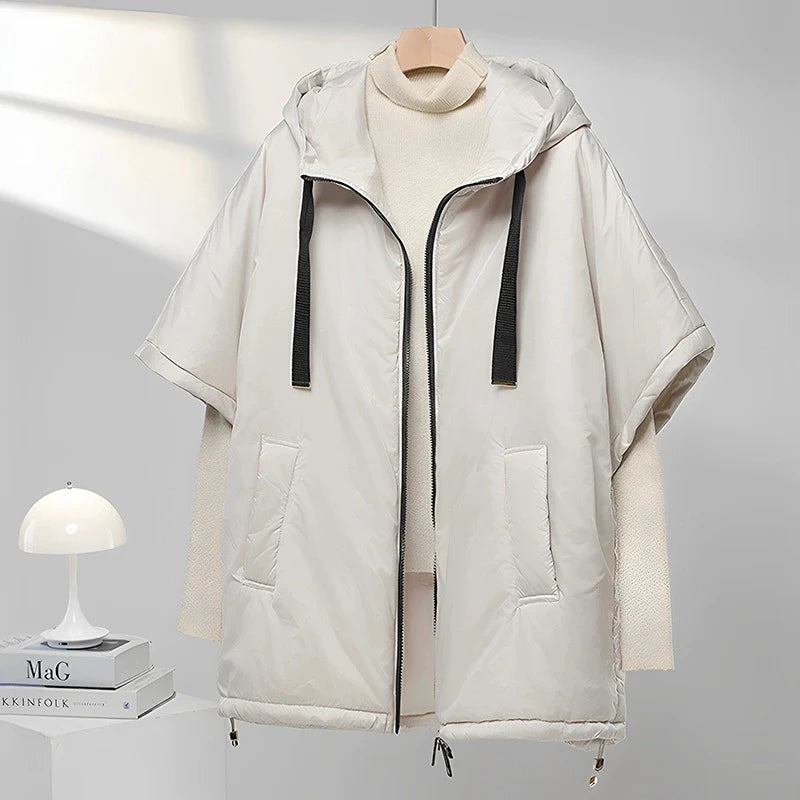 Chaleco de mujer Schinteon camel tipo capa de plumas con capucha holgado sin mangas, chaleco sólido de moda, chaqueta de otoño invierno 2025 nuevo