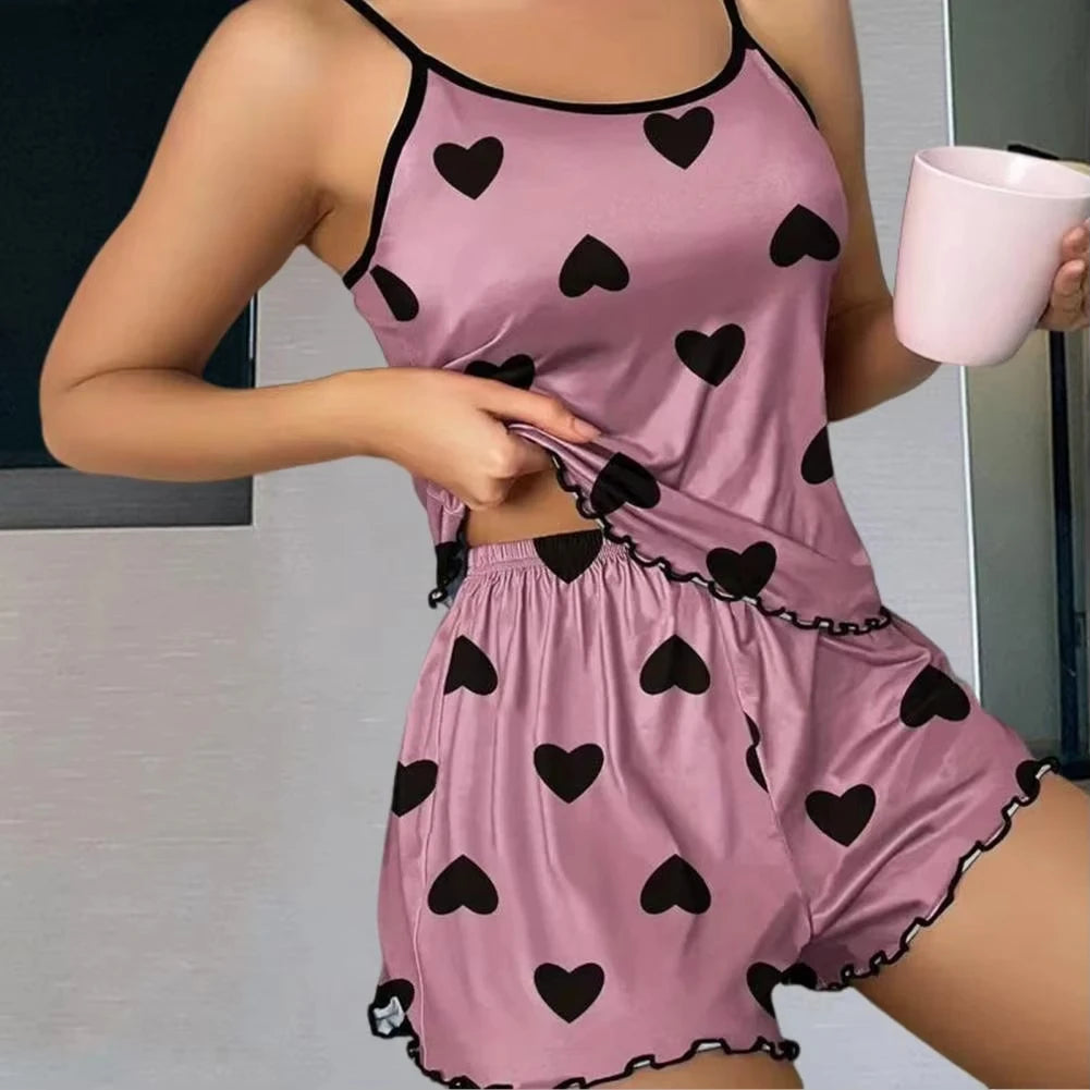 Women's Pajama Set, T-Shirts and Shorts, Pink Heart Print T-Shirt, Round Neck, Ice Silk Top, Comfortable and Casual, Summer