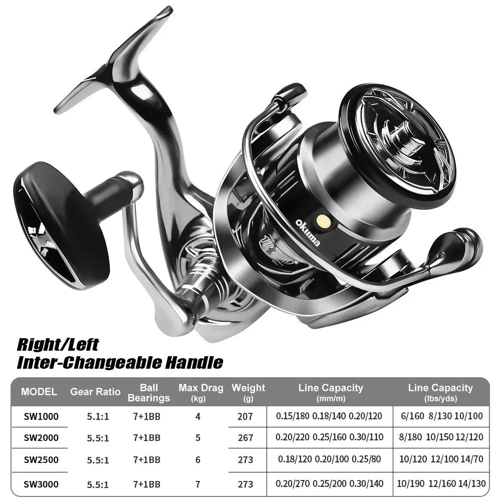 OKUMA-Moulinet spinning original en métal, adapté à toutes les espèces de poissons, adapté à l'eau salée et l'eau douce