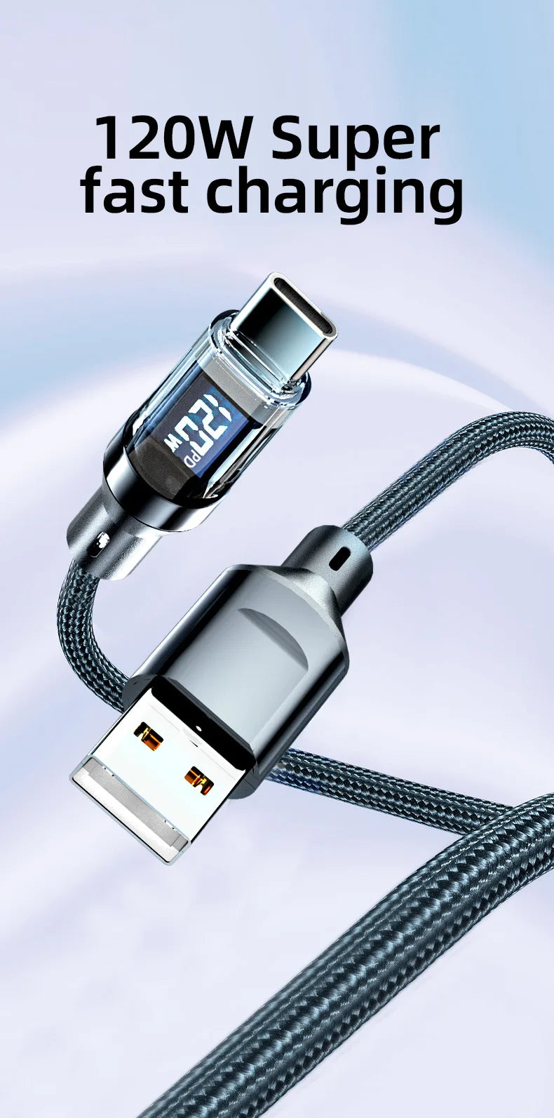 Câble USB Type-C charge ultra rapide 120W — transfert de données, compatible Lightning