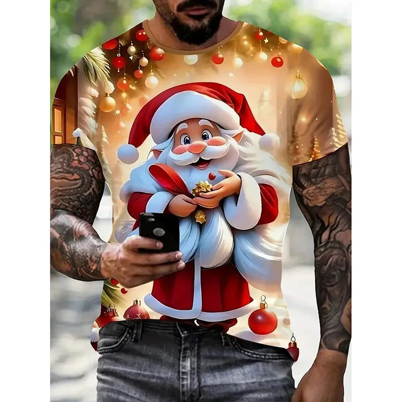 T-shirt Noël unisexe 2026 — père noël imprimé, mignon, drôle, manches courtes, cadeau enfant
