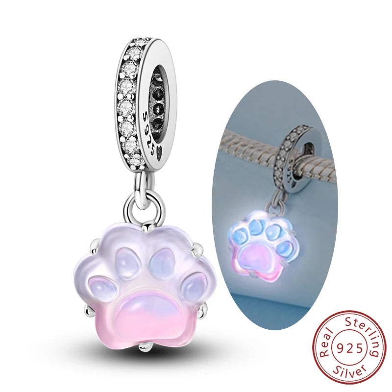 Abalorios de plata de ley 925 con huellas de perro, gato, corazón, animales, abalorios que se ajustan a pulseras, collares, colgantes, joyas para mujer, para hacer tú mismo