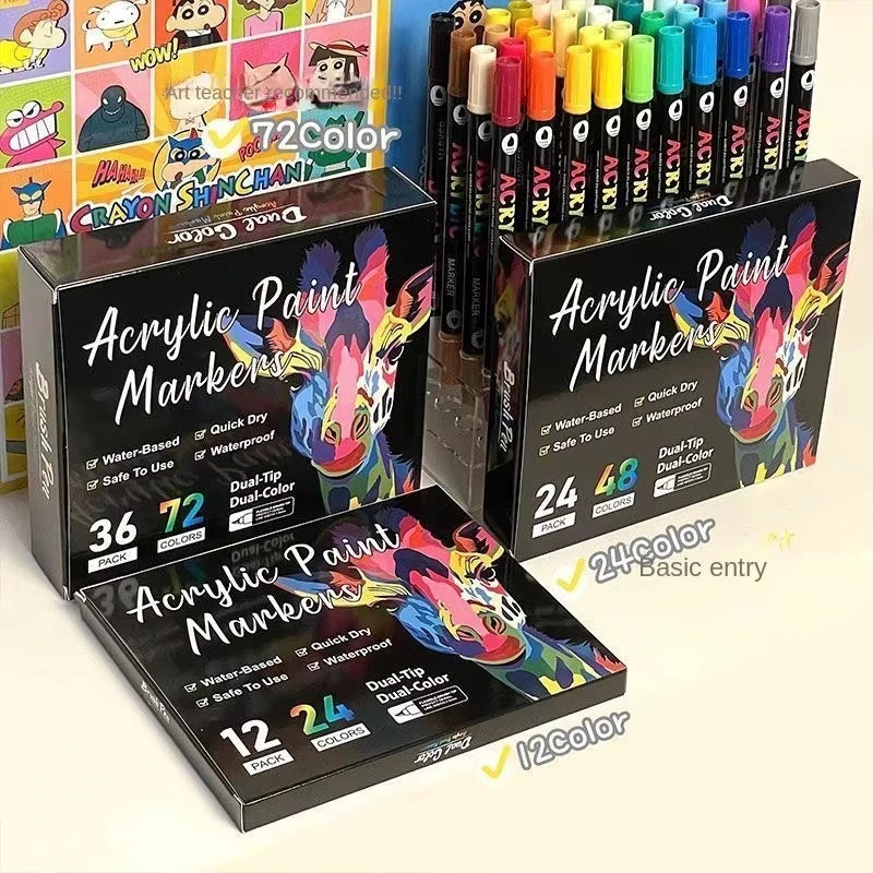 Marqueurs de peinture acrylique professionnels à 48 couleurs, double pointe fine et pinceau, adaptés à la pierre, au bois, à la calligraphie