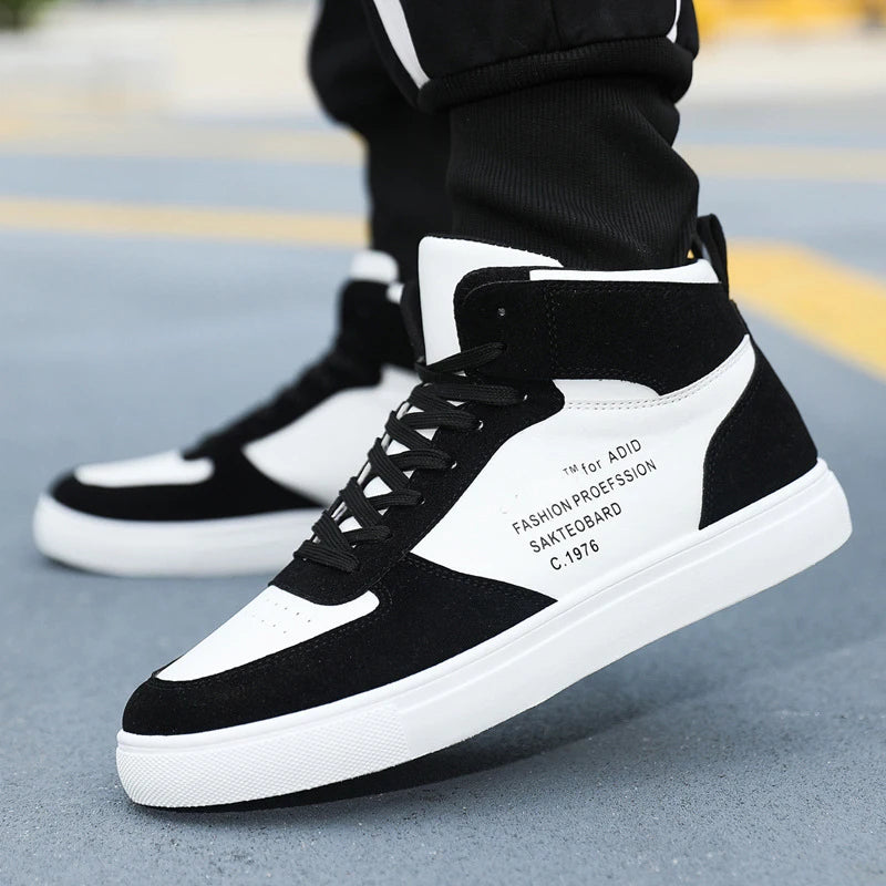 Men's Leather Skateboard Shoes, High-Top Sneakers, Casual Sports Shoes, Street Shoes, Flat Walking Shoes
