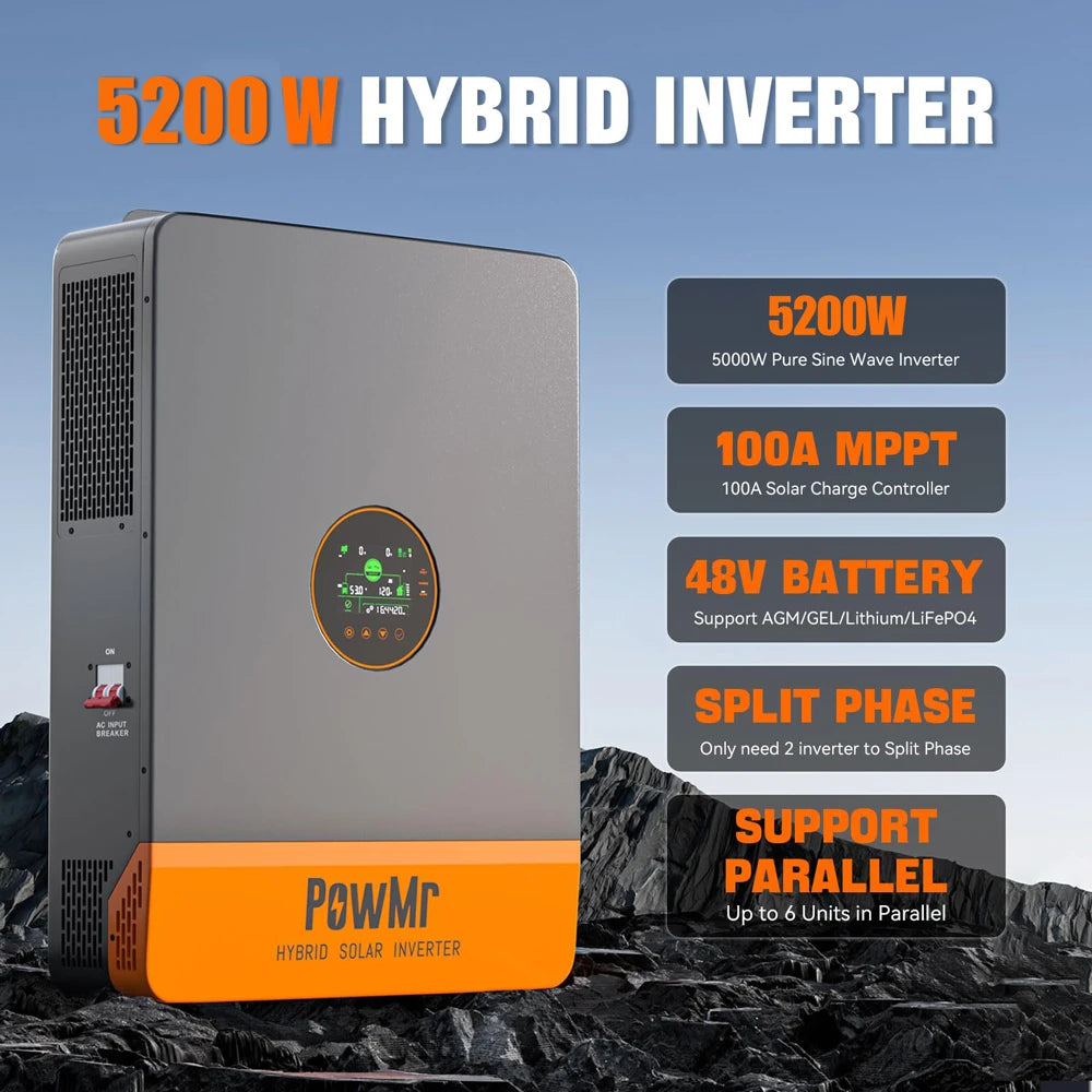 PowMr USA 5.2KW 48V 110Vac Hybrid Solar Inverter can Split Phase Output 220Vac When Parallel Pure Sine Wave MPPT 100A PV 500Vdc