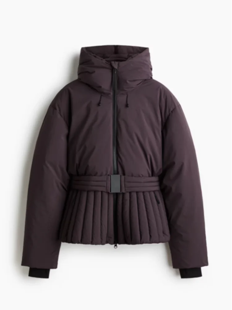 Women's Chic Hooded Cotton Coat with Belt, Casual Long Sleeve Stand Collar Zipper Short Ski Outerwear, Winter Sports Puffer Jacket, 2026