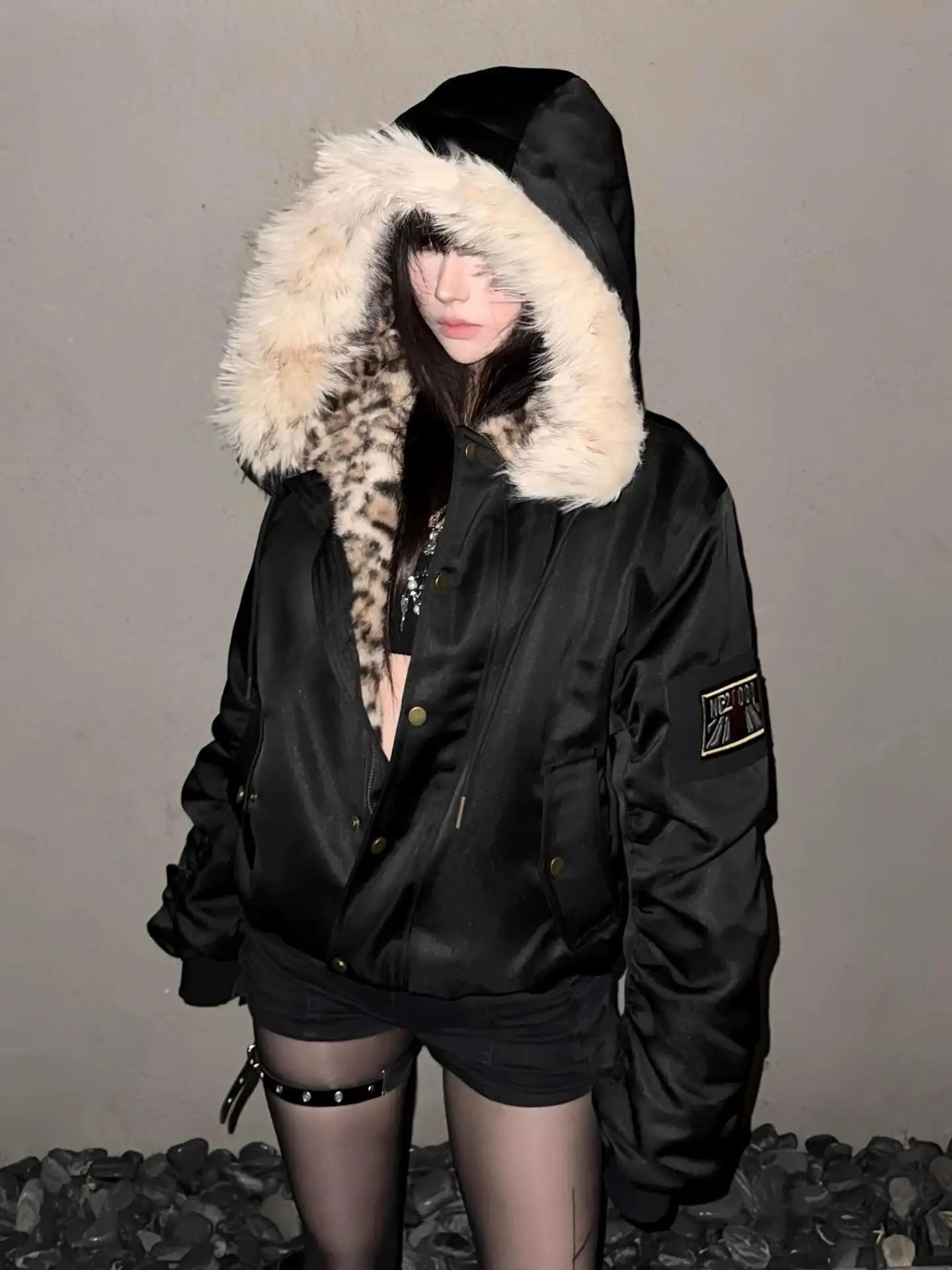 Harajuku American Retro Jacket for Men and Women, New Simple Leopard Print Plush Loose Leather Motorcycle Hip Hop Punk Jacket