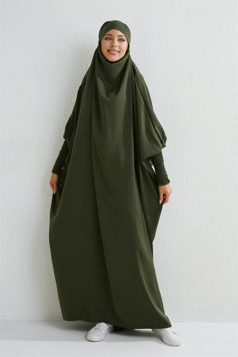 Abaya musulman à capuche manches smockées une pièce Robe de prière femmes Jilbab vêtements islamiques dubaï saoudien Robe noire modestie turque