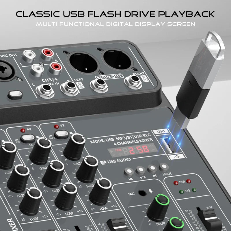 Mélangeur Audio DJ 4 Canaux USB Bluetooth — Console Mixage 48V Karaoké & Studio