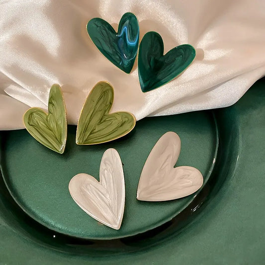 Boucles d'oreilles grand cœur pour femmes et filles, minimaliste, motif de couleur blanc vert, Graffiti glaçure, bijoux esthétiques