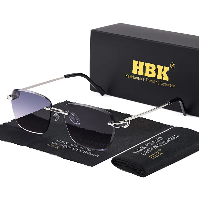 HBK Nueva montura sin montura Gafas de sol Hombre Gafas de sol degradadas Mujer Retro Negocios Compras UV400 Gafas de sol Hombre