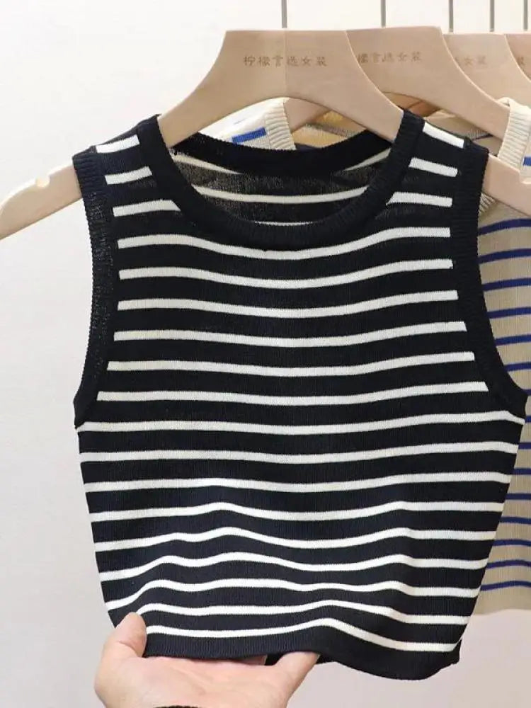 Débardeurs rayés tricotés sans manches pour femme, collection Printemps-Été 2026, style crop top, coupe ajustée élastique, décontracté, pull-over, camisole