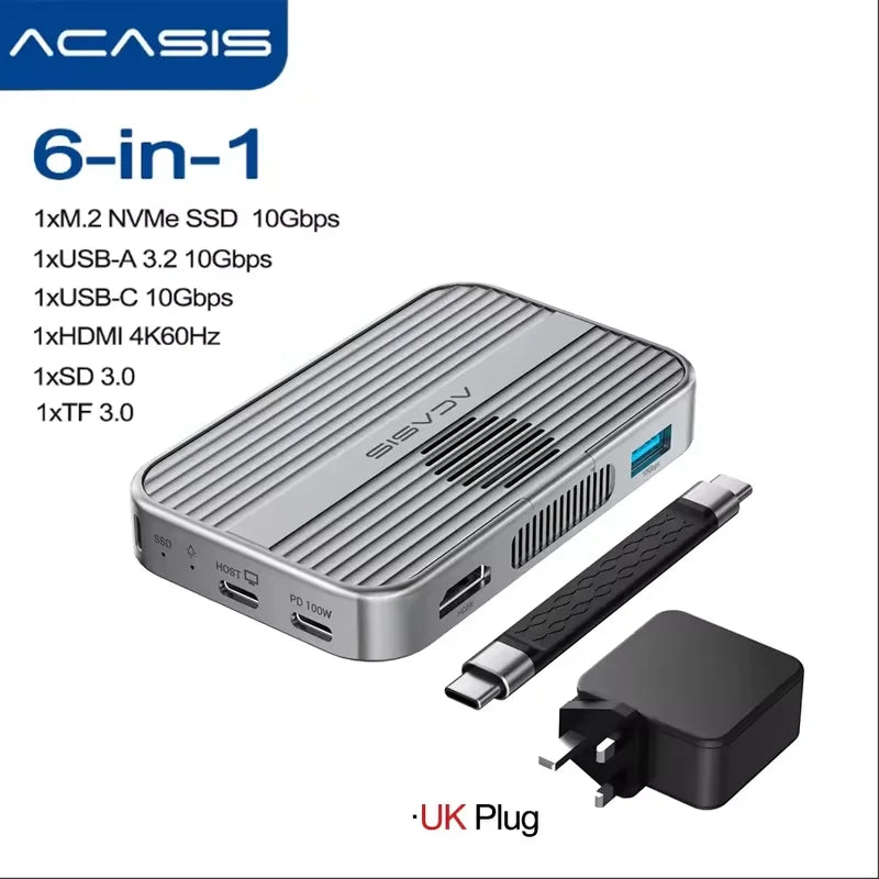 Boîtier SSD NVMe M.2 magnétique Acasis 10 Gbit/s et station d'accueil USB-C TF/SD 3.0 4K 60 Hz pour iPhone 17/17 Pro/iPhone 16/16 Pro