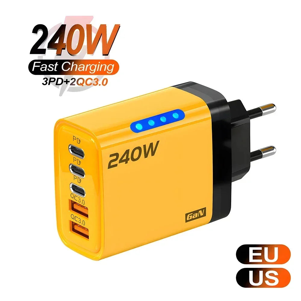 Chargeur de téléphone GaN 5 en 1 240W, adaptateur de charge rapide 10A, câble USB vers Type C, 3 ports PD, 2 ports USB, pour iPhone 16 15 Pro, Xiaomi
