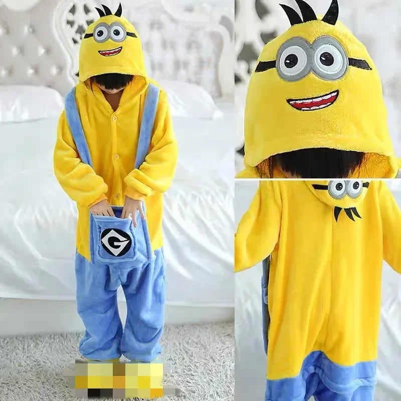 2026 Kids Minions Kigurumi Onesie Cosplay Anime Costume Winter Flannel Kawaii Pajamas Halloween Christmas Clothing