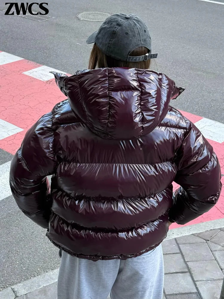 Women's Hooded Coats with Solid Shiny Zipper, Pleated Short Cotton Jacket, Warm Elastic Waist, New 2025 Winter Collection, Street Outerwear