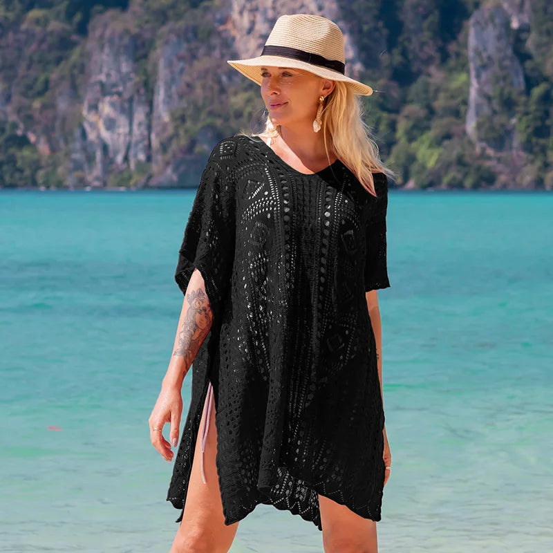 2025 Vestido de ganchillo blanco de punto para playa, túnica larga, pareos, cobertores de bikini, vestido de playa, ropa de playa