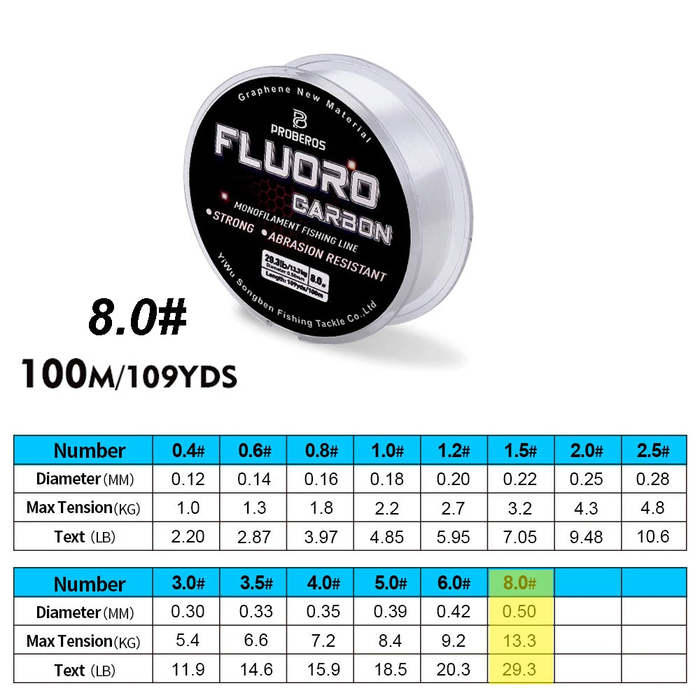 PROBEROS 100M ligne de pêche à revêtement fluorocarbone 2.2LB-29.3LB ligne de Leader Monofilament en Fiber de carbone ligne de pêche à la carpe