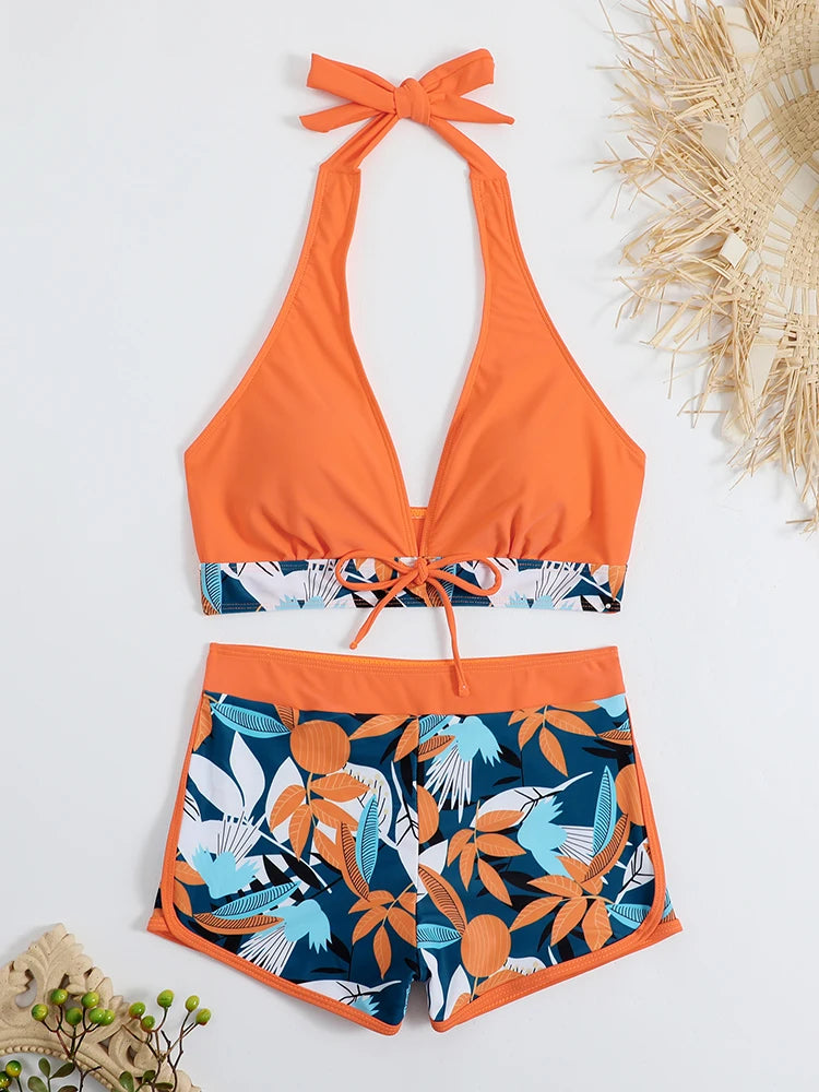 Ensemble de bikini halter 2026, maillot de bain court pour femme, maillot de bain taille haute imprimé, tenue de plage