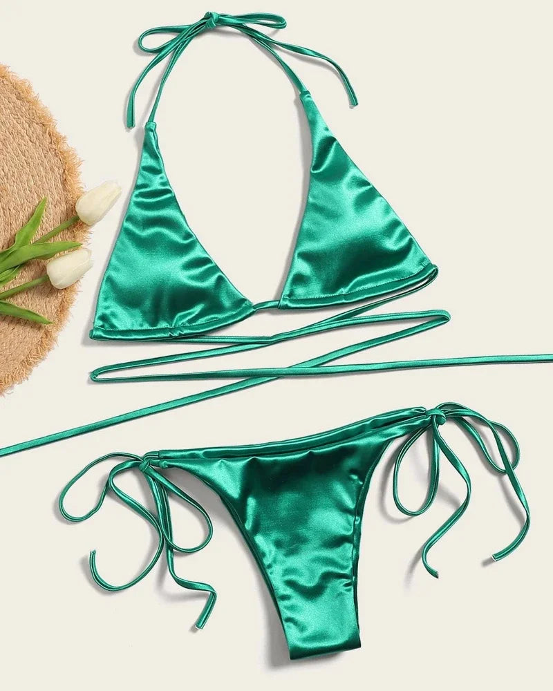 Licou brésilien métallique Satin Bikini femmes maillots de bain femme maillot de bain deux pièces Bikini ensemble coupe haute maillot de bain maillots de bain