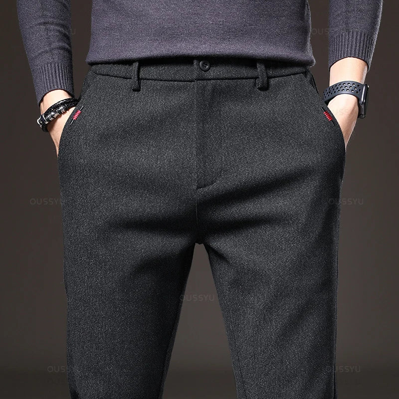 Pantalones casuales de hombre, corte ajustado, cintura elástica, elásticos, de algodón grueso, gris y negro, estilo negocios, nueva colección primavera