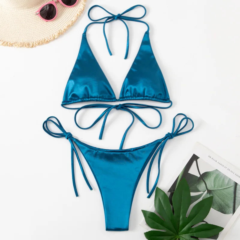 Licou brésilien métallique Satin Bikini femmes maillots de bain femme maillot de bain deux pièces Bikini ensemble coupe haute maillot de bain maillots de bain