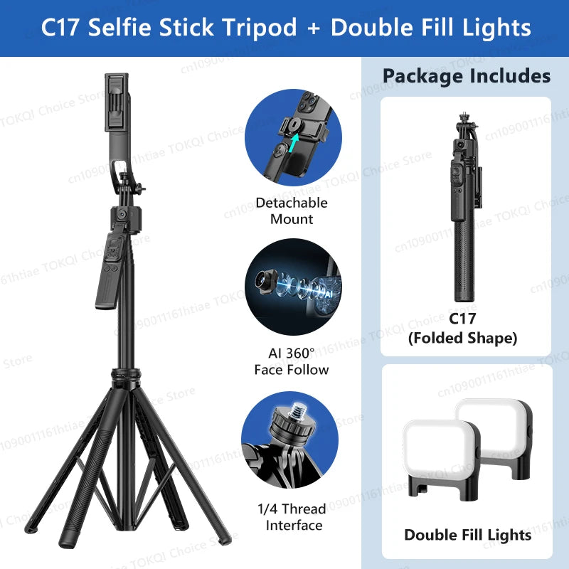 TOKQI C17 – Trépied selfie 360° avec suivi IA automatique, télécommande et lumière de remplissage
