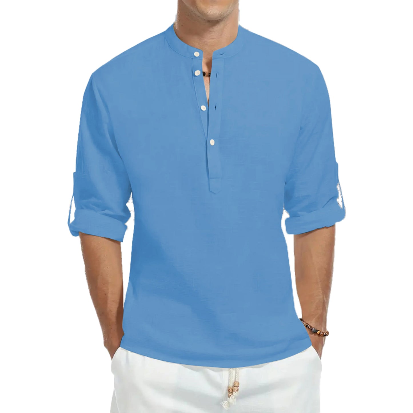 Chemise Coton Ample Homme — Col Montant Manches Longues Mode Ajustée