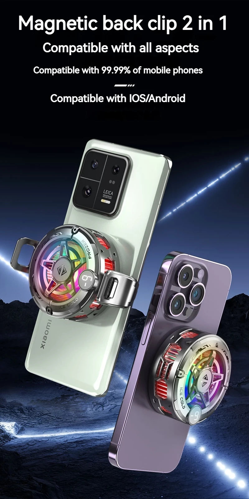 Refroidisseur de téléphone universel pour le jeu, ventilateur de refroidissement semi-conducteur magnétique avec écran numérique et lumières RVB
