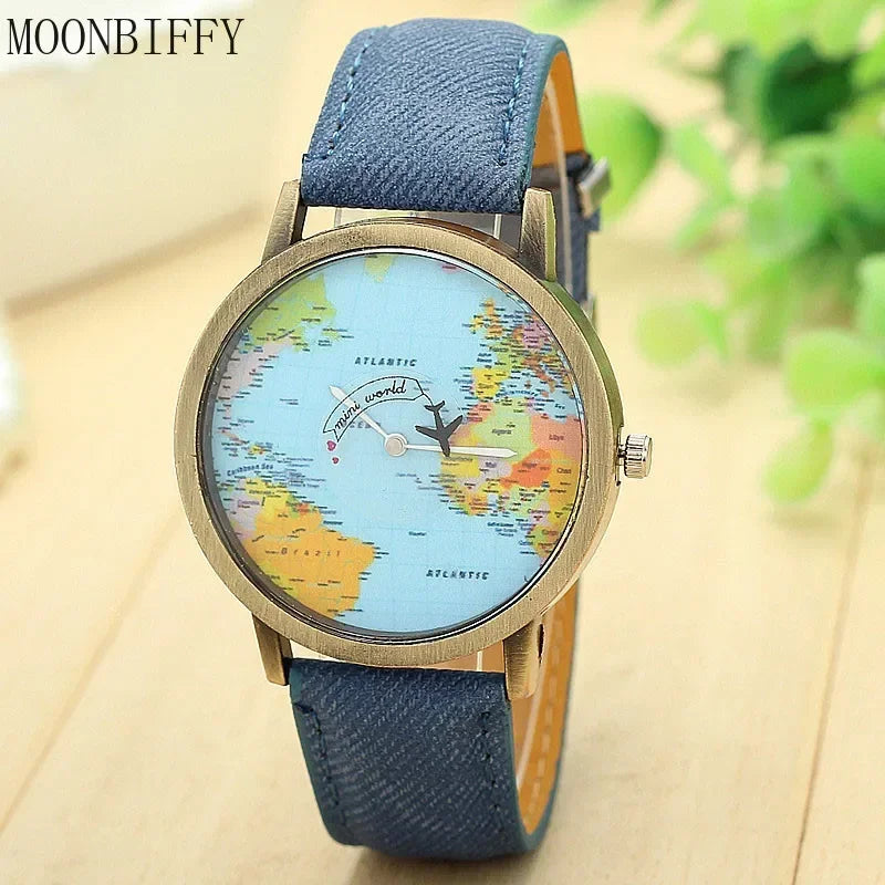 2022 moda mundial mapa del mundo avión mezclilla tela banda casual hombres mujeres relojes de cuarzo reloj regalo Horloges Relógio