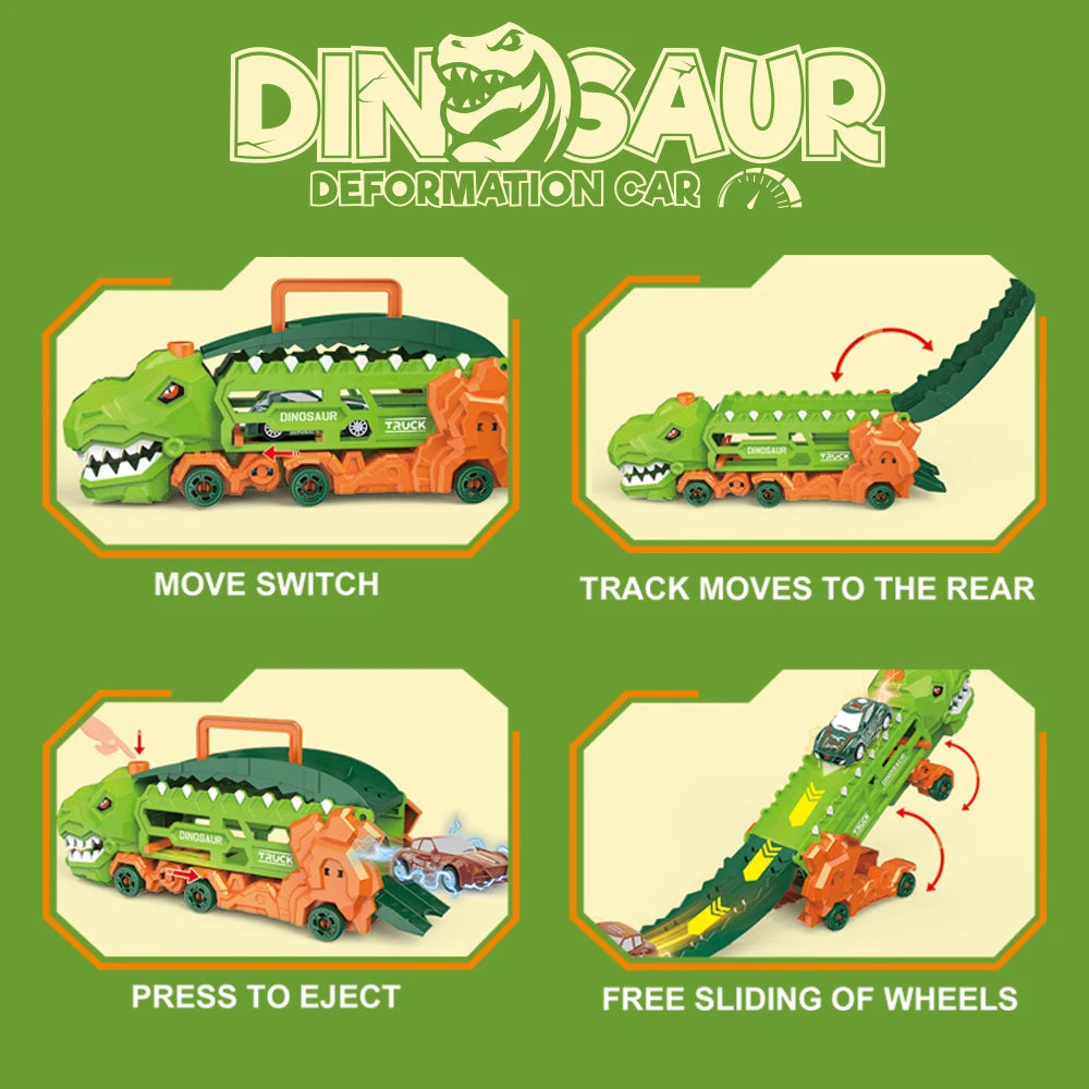 Dinosaur Transport Truck with Fold-out Race Track, Transforms into T-Rex and Standing Tricycle, Best Birthday Gift for Kids